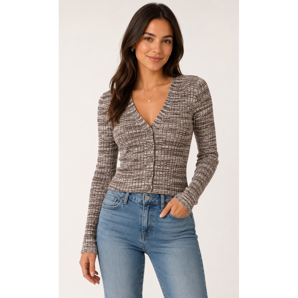 Forever 21 Brown Textured Knit Cropped Cardigan Sweater V-Neck Long Sleeve Large